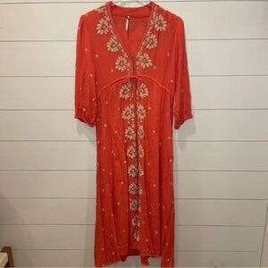 Free People Fable Coral Combo Midi Embroidered Dress Womens Size Small